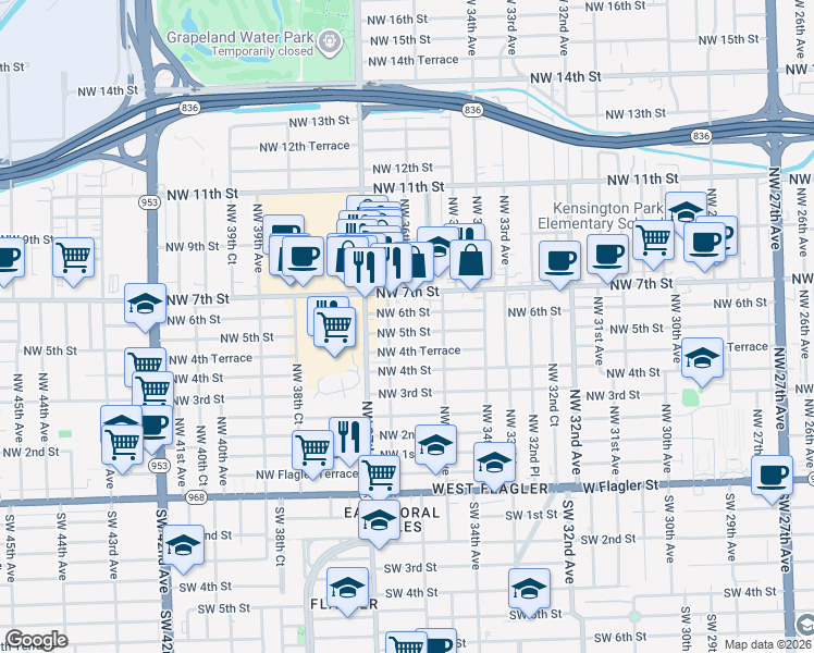 map of restaurants, bars, coffee shops, grocery stores, and more near 3652 Northwest 5th Street in Miami