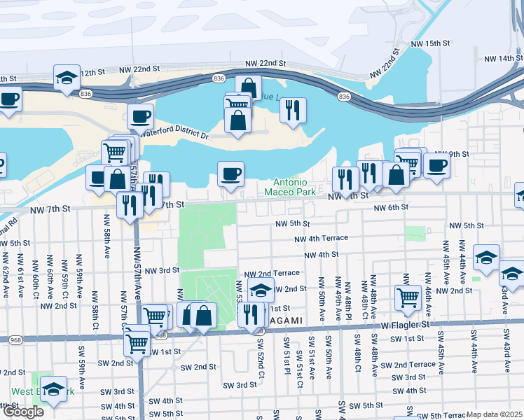 map of restaurants, bars, coffee shops, grocery stores, and more near 5191 Northwest 5th Street in Miami