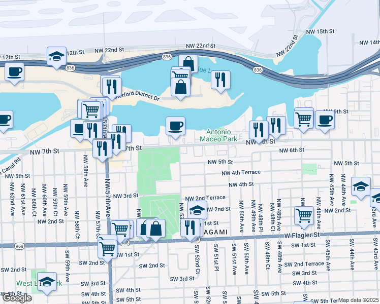 map of restaurants, bars, coffee shops, grocery stores, and more near 5271 Northwest 5th Street in Miami