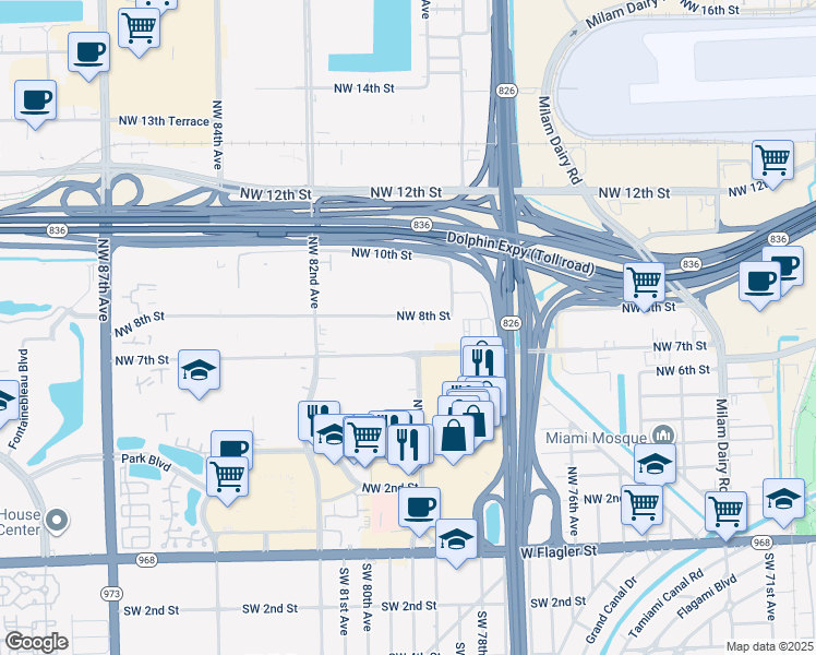 map of restaurants, bars, coffee shops, grocery stores, and more near 8025 Northwest 7th Street in Miami