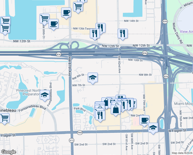 map of restaurants, bars, coffee shops, grocery stores, and more near 8412 Northwest 8th Street in Miami