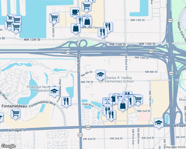 map of restaurants, bars, coffee shops, grocery stores, and more near 8517 Northwest 7th Street in Miami