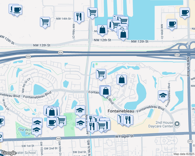map of restaurants, bars, coffee shops, grocery stores, and more near 9619 Fontainebleau Boulevard in Miami