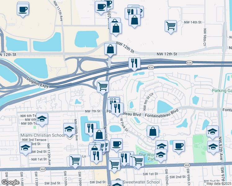 map of restaurants, bars, coffee shops, grocery stores, and more near 1013 Northwest 106th Avenue Circle in Miami
