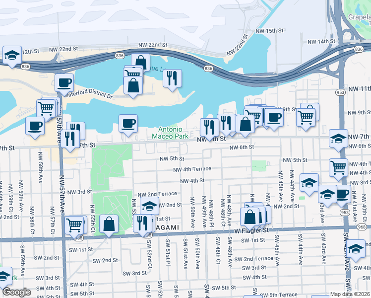 map of restaurants, bars, coffee shops, grocery stores, and more near 5057 Northwest 5th Street in Miami