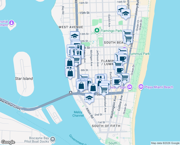 map of restaurants, bars, coffee shops, grocery stores, and more near 725 Lenox Avenue in Miami Beach