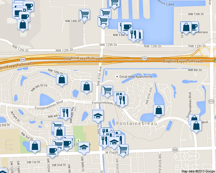 map of restaurants, bars, coffee shops, grocery stores, and more near Fountainbleau Boulevard in Miami