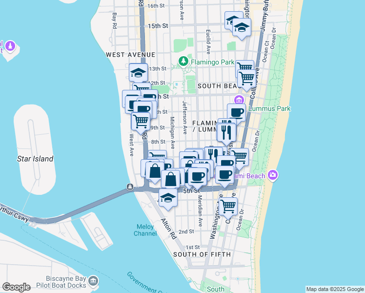map of restaurants, bars, coffee shops, grocery stores, and more near 744 Jefferson Street in Miami Beach