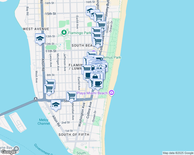 map of restaurants, bars, coffee shops, grocery stores, and more near in Miami Beach