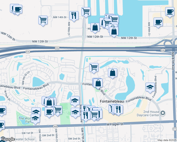map of restaurants, bars, coffee shops, grocery stores, and more near 9619 Fontainebleau Boulevard in Miami