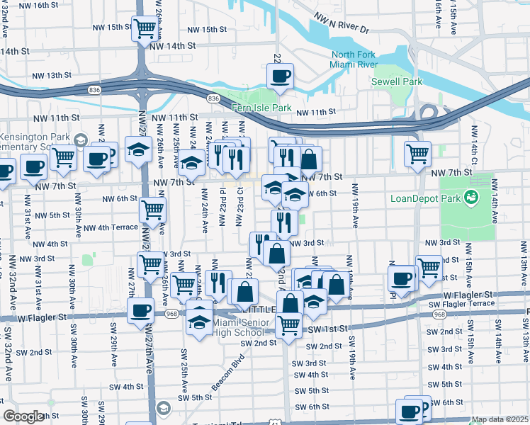 map of restaurants, bars, coffee shops, grocery stores, and more near 2239 Northwest 4th Terrace in Miami