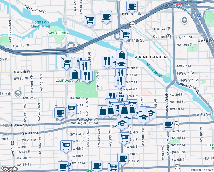 map of restaurants, bars, coffee shops, grocery stores, and more near 1321 Northwest 4th Street in Miami
