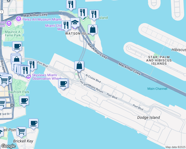 map of restaurants, bars, coffee shops, grocery stores, and more near 1265 North Cruise Boulevard in Miami
