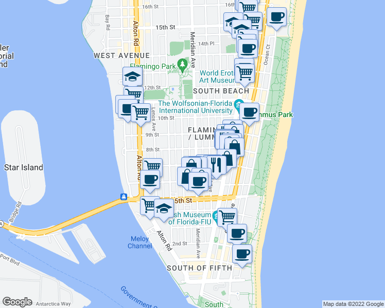 map of restaurants, bars, coffee shops, grocery stores, and more near 719 Meridian Avenue in Miami Beach