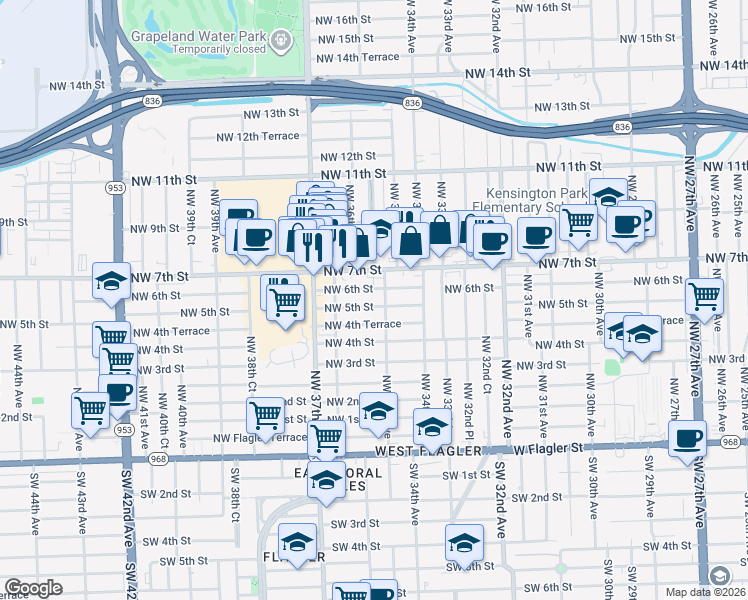 map of restaurants, bars, coffee shops, grocery stores, and more near 3502 Northwest 5th Street in Miami
