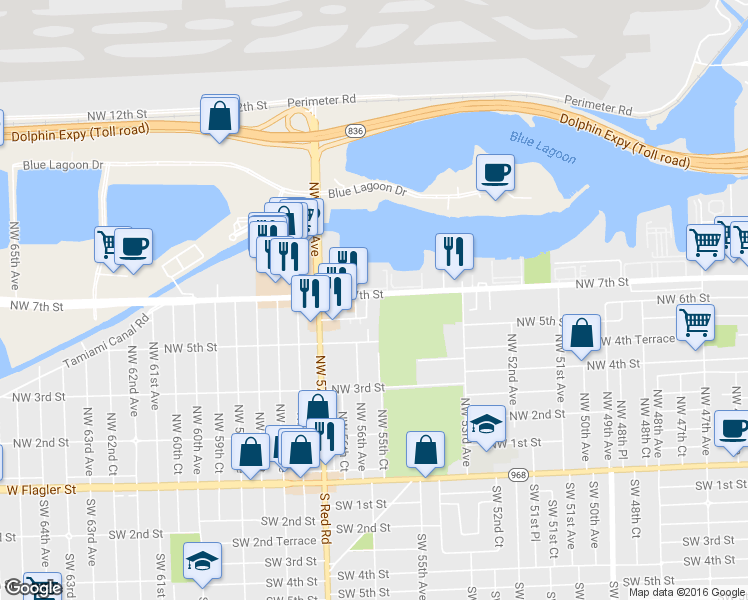 map of restaurants, bars, coffee shops, grocery stores, and more near 5584 Northwest 7th Street in Miami