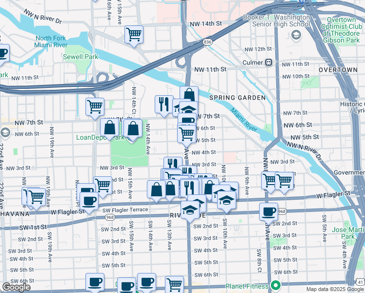 map of restaurants, bars, coffee shops, grocery stores, and more near 1235 Northwest 4th Street in Miami