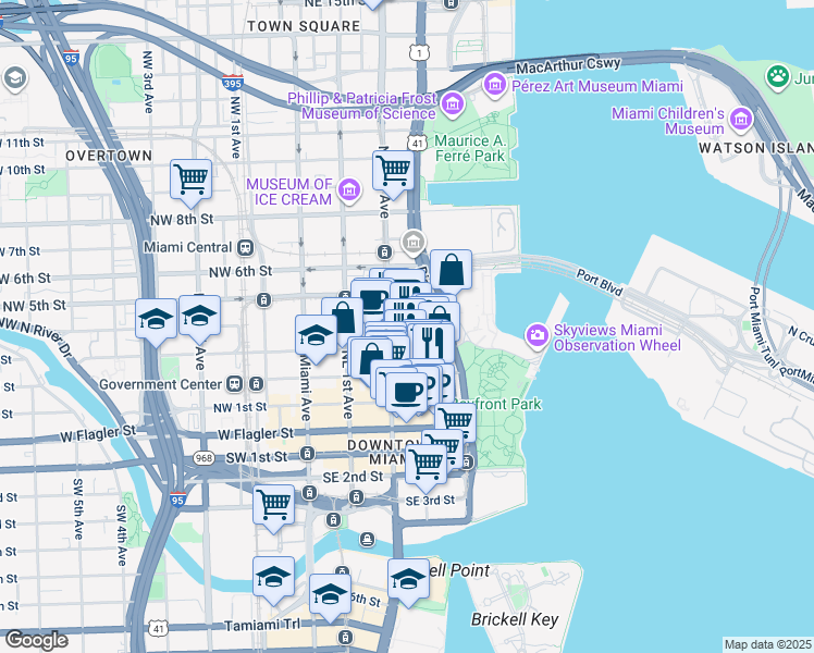 map of restaurants, bars, coffee shops, grocery stores, and more near 404 Northeast 2nd Avenue in Miami