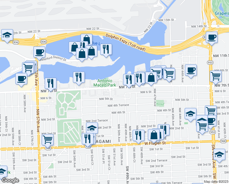 map of restaurants, bars, coffee shops, grocery stores, and more near 5057 Northwest 5th Street in Miami