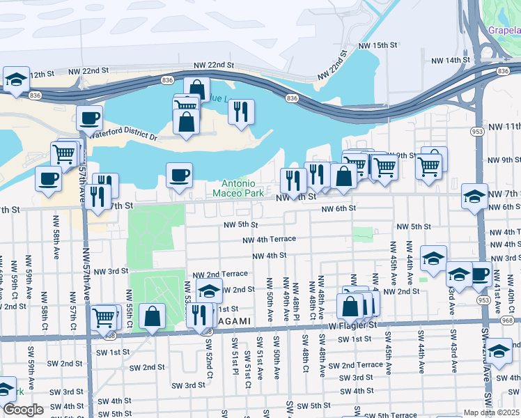 map of restaurants, bars, coffee shops, grocery stores, and more near 5057 Northwest 5th Street in Miami