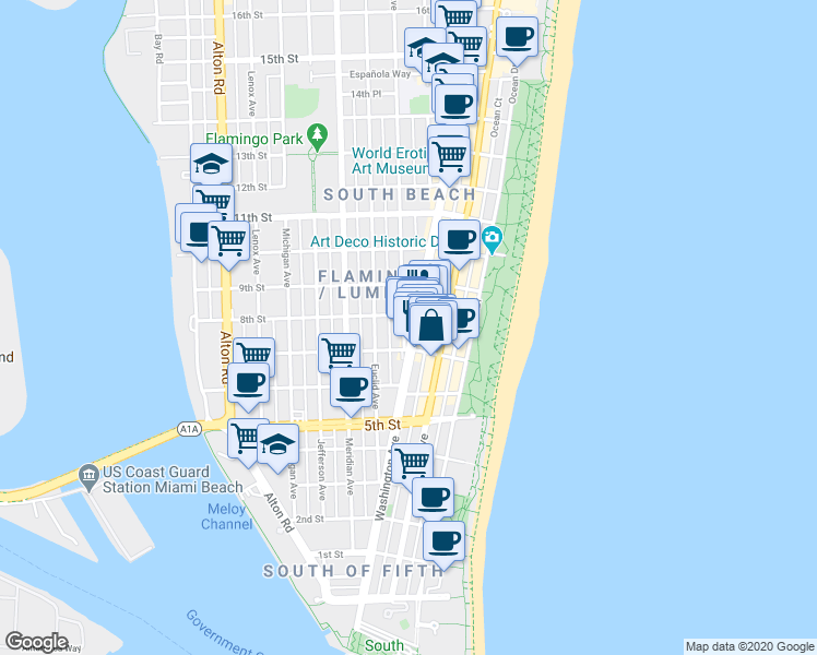 map of restaurants, bars, coffee shops, grocery stores, and more near in Miami Beach
