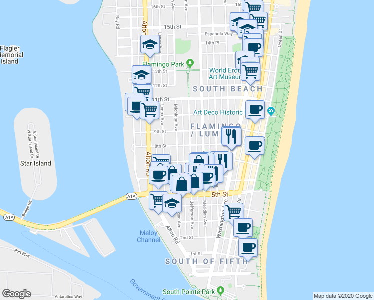 map of restaurants, bars, coffee shops, grocery stores, and more near 726 Jefferson Avenue in Miami Beach