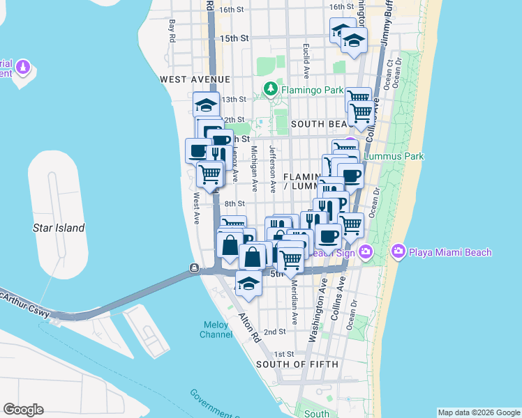 map of restaurants, bars, coffee shops, grocery stores, and more near 726 Jefferson Avenue in Miami Beach