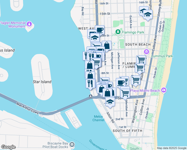 map of restaurants, bars, coffee shops, grocery stores, and more near in Miami Beach