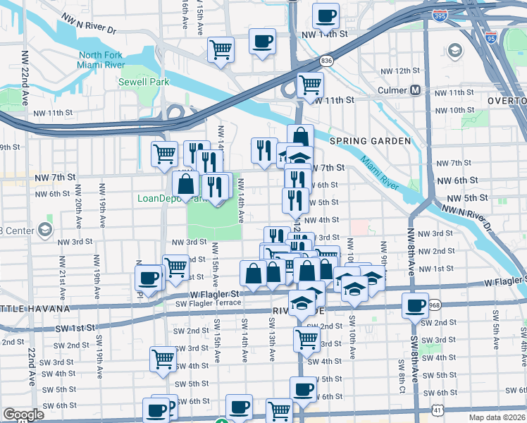 map of restaurants, bars, coffee shops, grocery stores, and more near 1321 Northwest 4th Street in Miami
