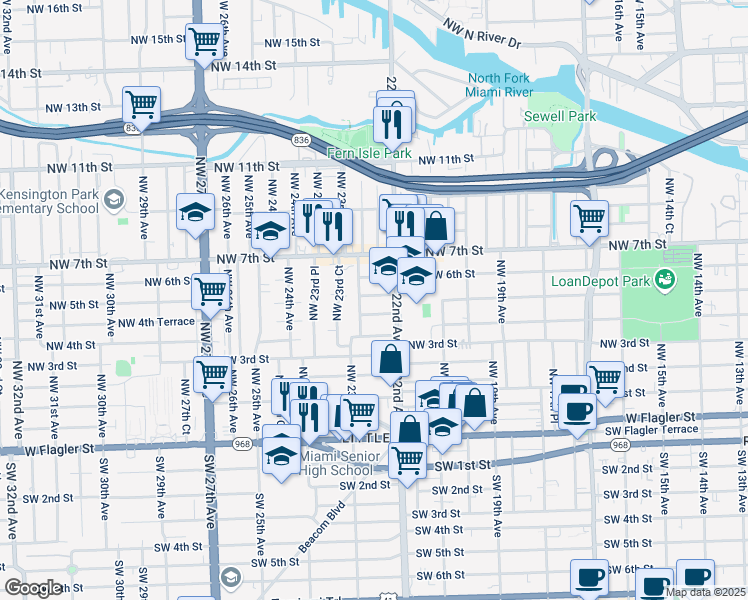map of restaurants, bars, coffee shops, grocery stores, and more near 2239 Northwest 4th Terrace in Miami