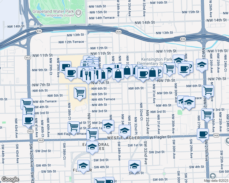 map of restaurants, bars, coffee shops, grocery stores, and more near 3428 Northwest 5th Street in Miami