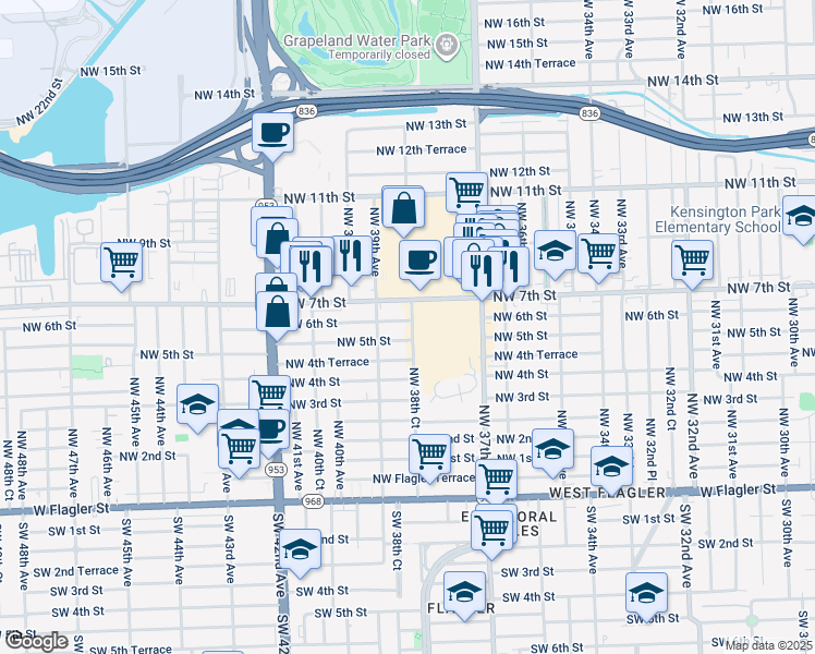 map of restaurants, bars, coffee shops, grocery stores, and more near 3889 Northwest 5th Street in Miami