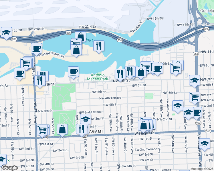 map of restaurants, bars, coffee shops, grocery stores, and more near 5057 Northwest 5th Street in Miami