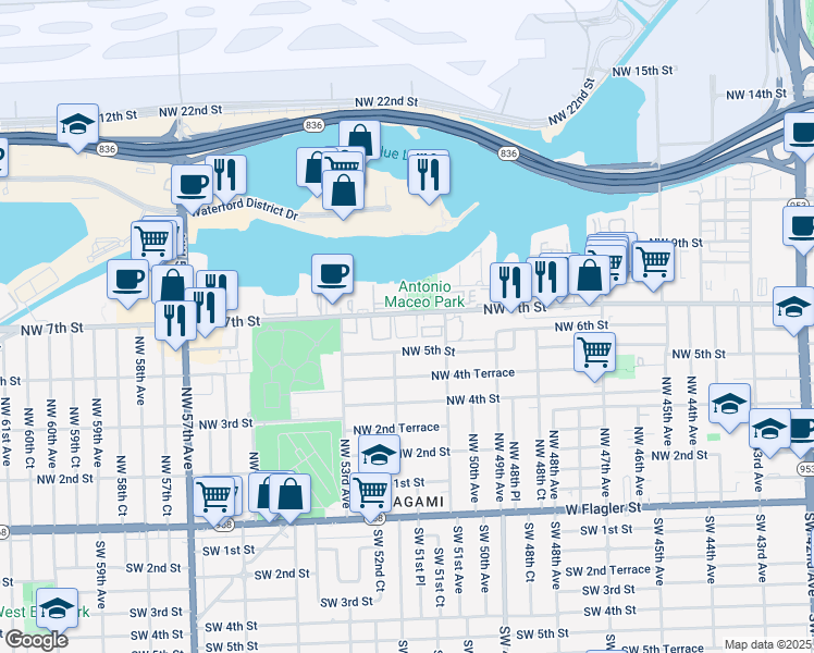 map of restaurants, bars, coffee shops, grocery stores, and more near 5191 Northwest 5th Street in Miami