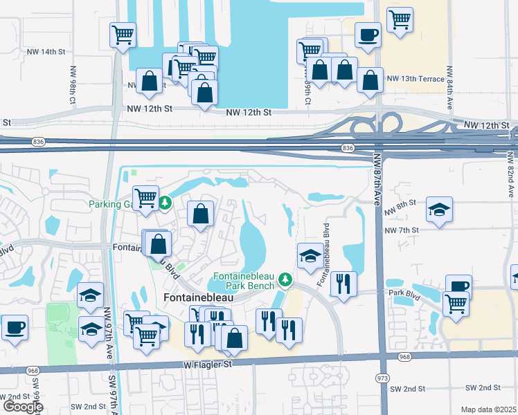 map of restaurants, bars, coffee shops, grocery stores, and more near 9187 Fontainebleau Boulevard in Miami