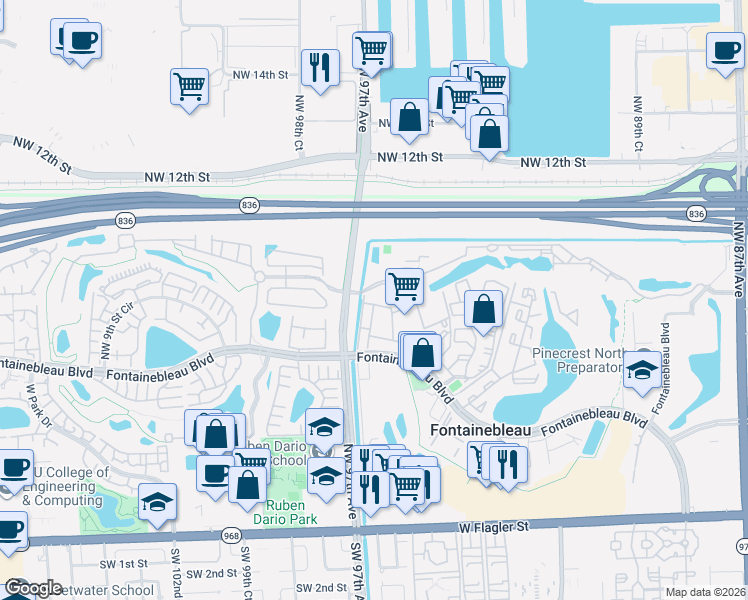 map of restaurants, bars, coffee shops, grocery stores, and more near 9619 Fontainebleau Boulevard in Miami