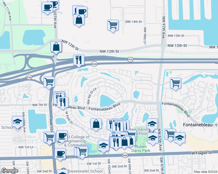 map of restaurants, bars, coffee shops, grocery stores, and more near 10040 Northwest 9th Street Circle in Miami