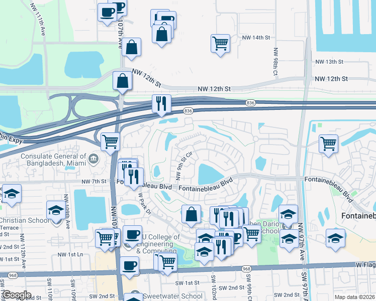 map of restaurants, bars, coffee shops, grocery stores, and more near 10288 Northwest 9th Street Circle in Miami