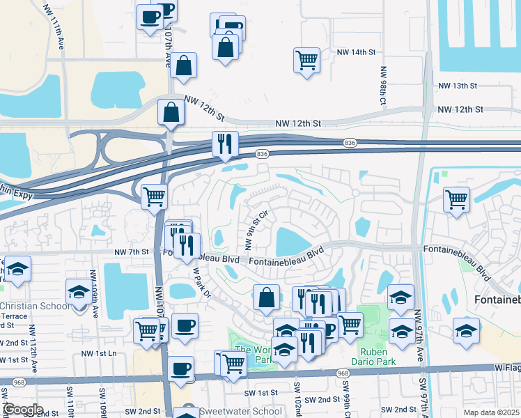 map of restaurants, bars, coffee shops, grocery stores, and more near 10288 Northwest 9th Street Circle in Miami