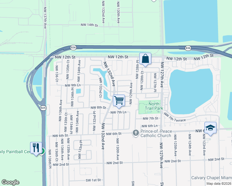 map of restaurants, bars, coffee shops, grocery stores, and more near 886 Northwest 131st Avenue in Miami