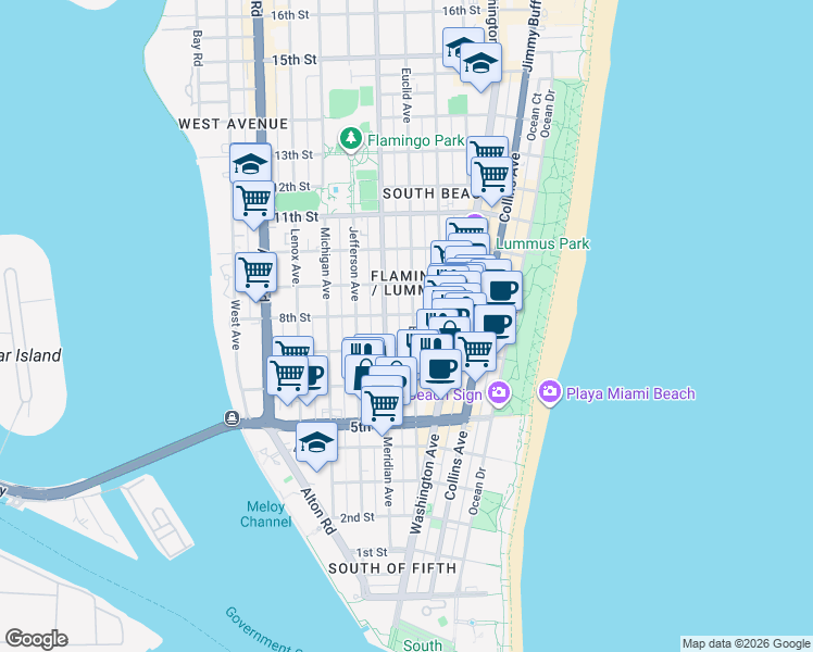 map of restaurants, bars, coffee shops, grocery stores, and more near 744 Euclid Avenue in Miami Beach
