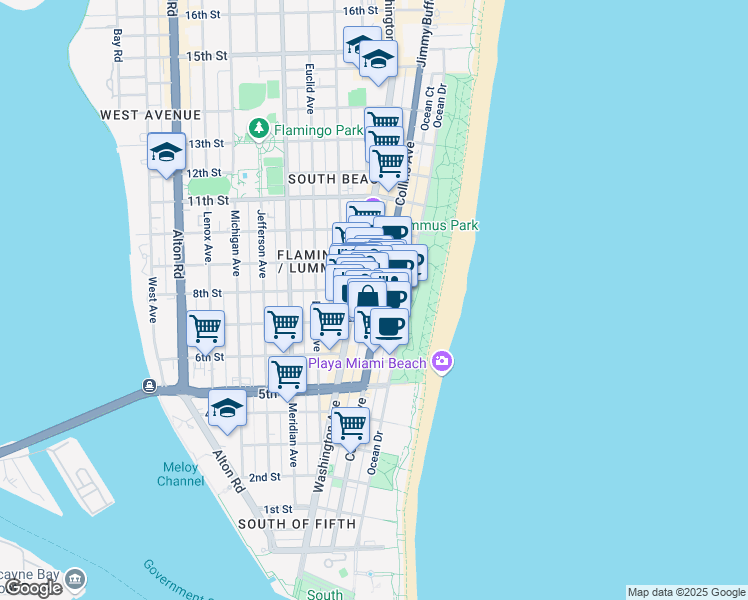 map of restaurants, bars, coffee shops, grocery stores, and more near in Miami Beach