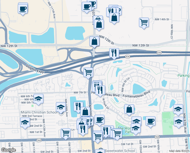 map of restaurants, bars, coffee shops, grocery stores, and more near 1013 Northwest 106th Avenue Circle in Miami