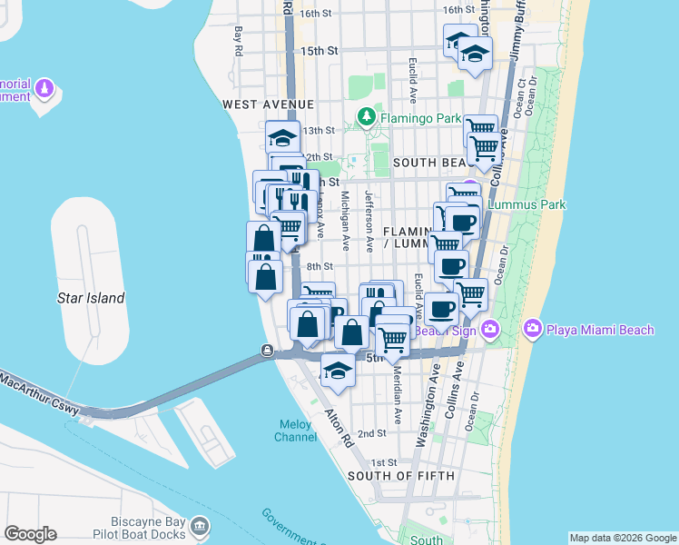 map of restaurants, bars, coffee shops, grocery stores, and more near 725 Lenox Avenue in Miami Beach