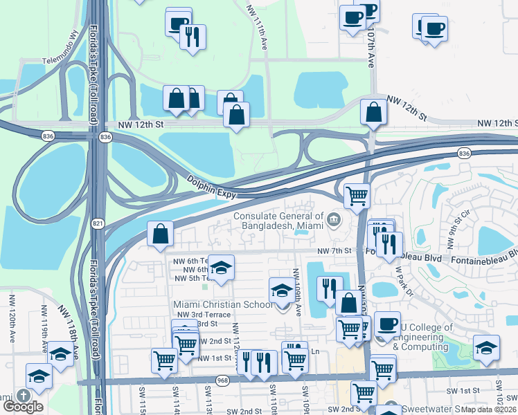 map of restaurants, bars, coffee shops, grocery stores, and more near 11153 Northwest 7th Street in Miami