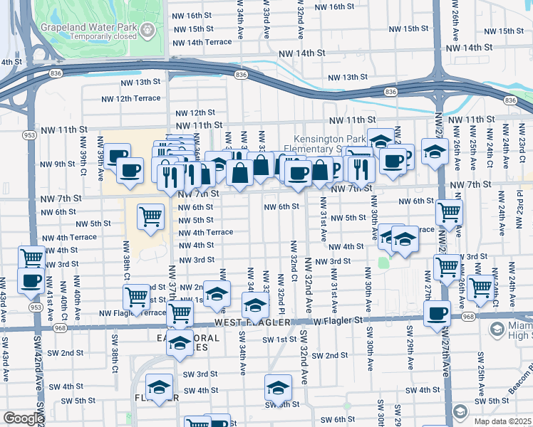 map of restaurants, bars, coffee shops, grocery stores, and more near 461 Northwest 33rd Avenue in Miami
