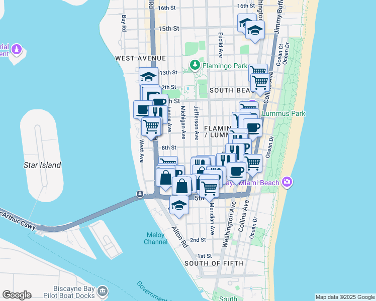 map of restaurants, bars, coffee shops, grocery stores, and more near 726 Jefferson Avenue in Miami Beach