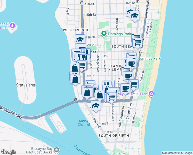 map of restaurants, bars, coffee shops, grocery stores, and more near 725 Lenox Avenue in Miami Beach