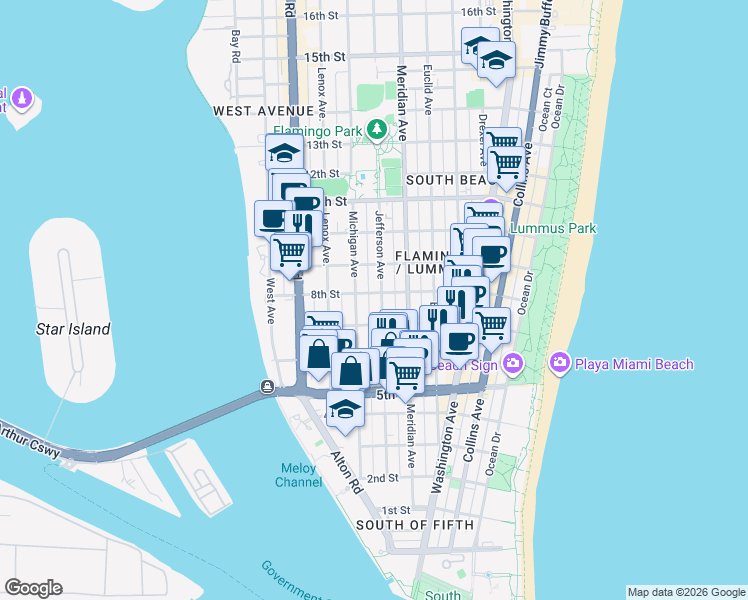 map of restaurants, bars, coffee shops, grocery stores, and more near 726 Jefferson Avenue in Miami Beach