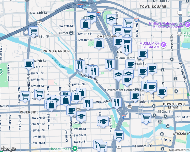map of restaurants, bars, coffee shops, grocery stores, and more near 401 Northwest North River Drive in Miami